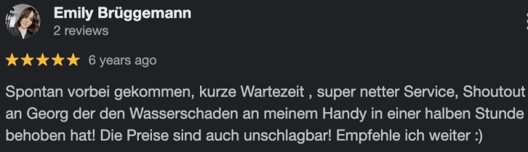 Spontan vorbei gekommen, kurze Wartezeit , super netter Service, Shoutout an Georg der den Wasserschaden an meinem Handy in einer halben Stunde behoben hat! Die Preise sind auch unschlagbar! Empfehle ich weiter :)