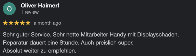 Sehr guter Service. Sehr nette Mitarbeiter Handy mit Displayschaden. Reparatur dauert eine Stunde. Auch preislich super. Absolut weiter zu empfehlen.